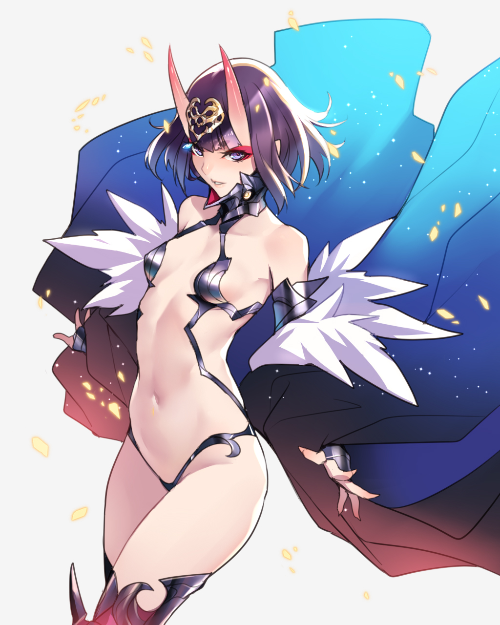 1girl ban bangs bare_shoulders blue_kimono blunt_bangs bob_cut breasts bridal_gauntlets collarbone eyebrows_visible_through_hair eyeliner fate/grand_order fate_(series) fur_trim headpiece highres hip_focus horns japanese_clothes kimono looking_at_viewer makeup navel oni oni_horns open_clothes open_kimono parted_lips purple_hair revealing_clothes short_eyebrows short_hair shuten_douji_(fate/grand_order) simple_background small_breasts solo thighs violet_eyes white_background wide_sleeves wind wind_lift