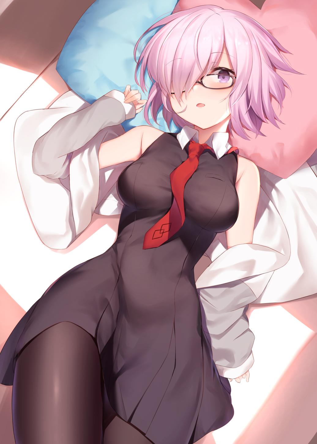1girl bangs black-framed_eyewear black_dress blush breasts brown_legwear collarbone commentary_request dress eyebrows_visible_through_hair fate/grand_order fate_(series) glasses gloves hair_between_eyes hair_over_one_eye highres jacket large_breasts lavender_hair looking_at_viewer lying maosame mash_kyrielight neckerchief on_back open_mouth pantyhose pillow purple_gloves red_neckwear short_hair solo violet_eyes