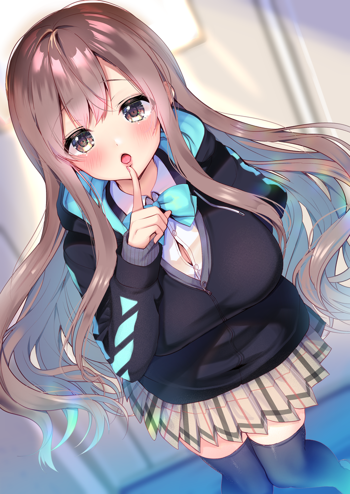 1girl :o ayuma_sayu black_jacket black_legwear blue_neckwear blurry blush bow bowtie breasts brown_eyes brown_hair button_gap buttons collared_shirt commentary_request depth_of_field dutch_angle finger_to_mouth from_above grey_cardigan hand_up hood hood_down hooded_jacket index_finger_raised indoors jacket large_breasts long_hair long_sleeves looking_at_viewer miniskirt open_mouth original plaid plaid_skirt pleated_skirt school_uniform shirt shushing sidelocks skirt solo standing thigh-highs very_long_hair white_shirt white_skirt zettai_ryouiki zipper_pull_tab