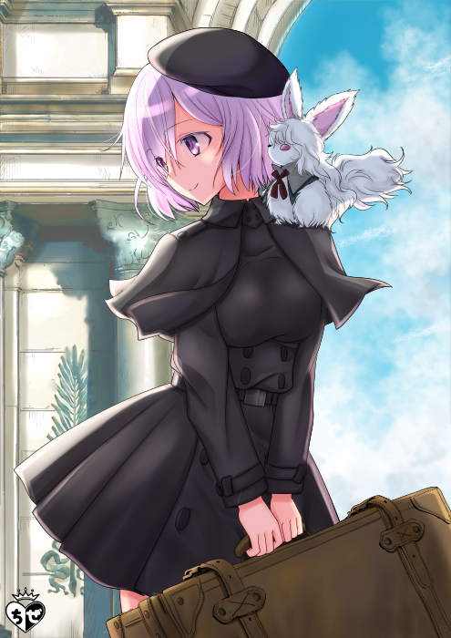 1girl bangs beret black_capelet black_dress black_headwear blush capelet chize closed_mouth commentary_request creature dress eyebrows_visible_through_hair fate/grand_order fate_(series) fou_(fate/grand_order) hair_between_eyes hat holding indoors long_sleeves looking_away looking_to_the_side mash_kyrielight on_shoulder purple_hair short_hair smile standing suitcase tilted_headwear violet_eyes