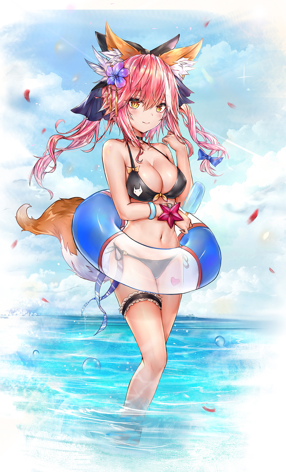 1girl animal_ear_fluff animal_ears bare_arms bare_legs bare_shoulders bikini black_bikini black_choker blue_flower blue_ribbon blue_sky breasts bubble choker cleavage clouds cloudy_sky collarbone commentary_request day fang fate/grand_order fate_(series) flower food hair_flower hair_ornament halter_top halterneck hand_up highres holding holding_food horizon innertube large_breasts leg_garter long_hair looking_at_viewer luminous navel ocean outdoors petals pink_hair popsicle ribbon side-tie_bikini sky smile solo standing star stomach swimsuit tail tamamo_(fate)_(all) tamamo_no_mae_(fate) thighs twintails wading water wristband yellow_eyes