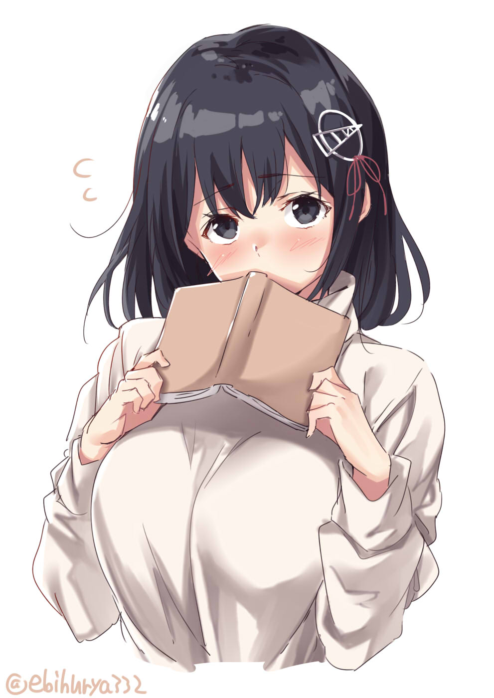 1girl black_eyes black_hair blush book breasts brown_eyes ebifurya eyebrows_visible_through_hair haguro_(kantai_collection) hair_between_eyes hair_ornament hairclip highres kantai_collection large_breasts long_sleeves looking_at_viewer short_hair simple_background solo sweater turtleneck twitter_username upper_body white_background white_sweater