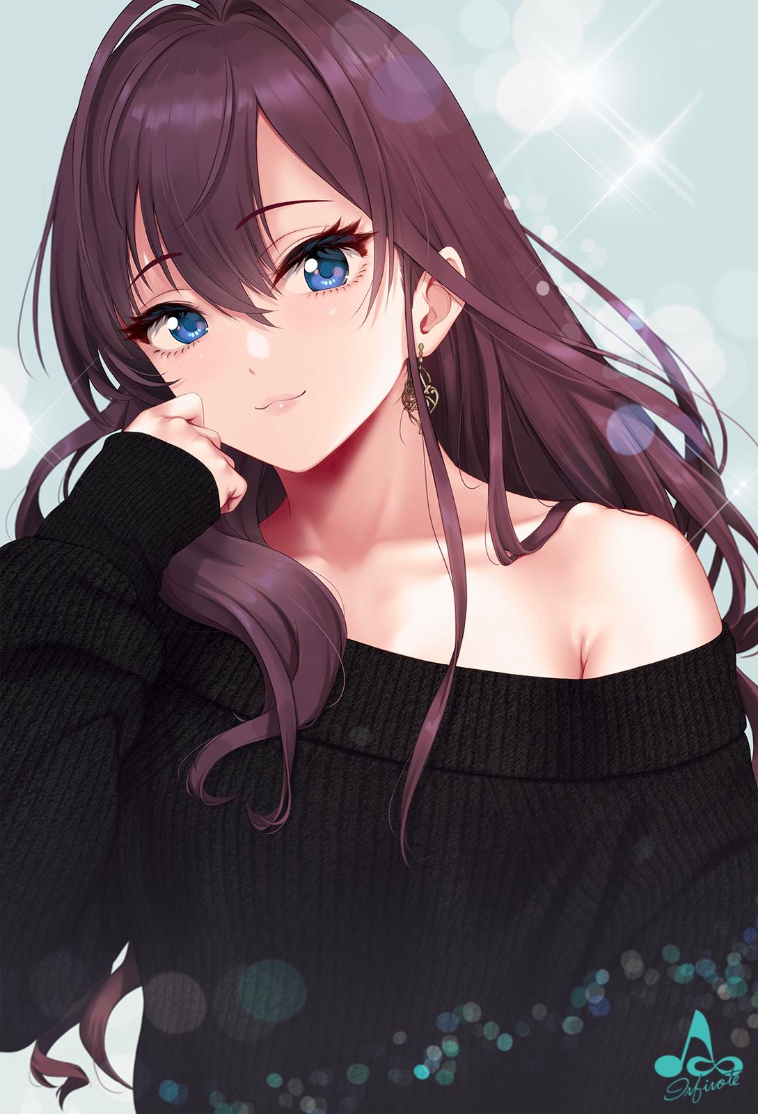 1girl :3 ahoge artist_logo bangs bare_shoulders black_sweater blue_eyes blurry blush bokeh breasts brown_hair closed_mouth collarbone depth_of_field earrings eyebrows_visible_through_hair hand_up head_tilt highres ichinose_shiki idolmaster idolmaster_cinderella_girls infinote jewelry long_hair looking_at_viewer medium_breasts off-shoulder_sweater off_shoulder sidelocks smile solo sparkle sweater upper_body wavy_hair