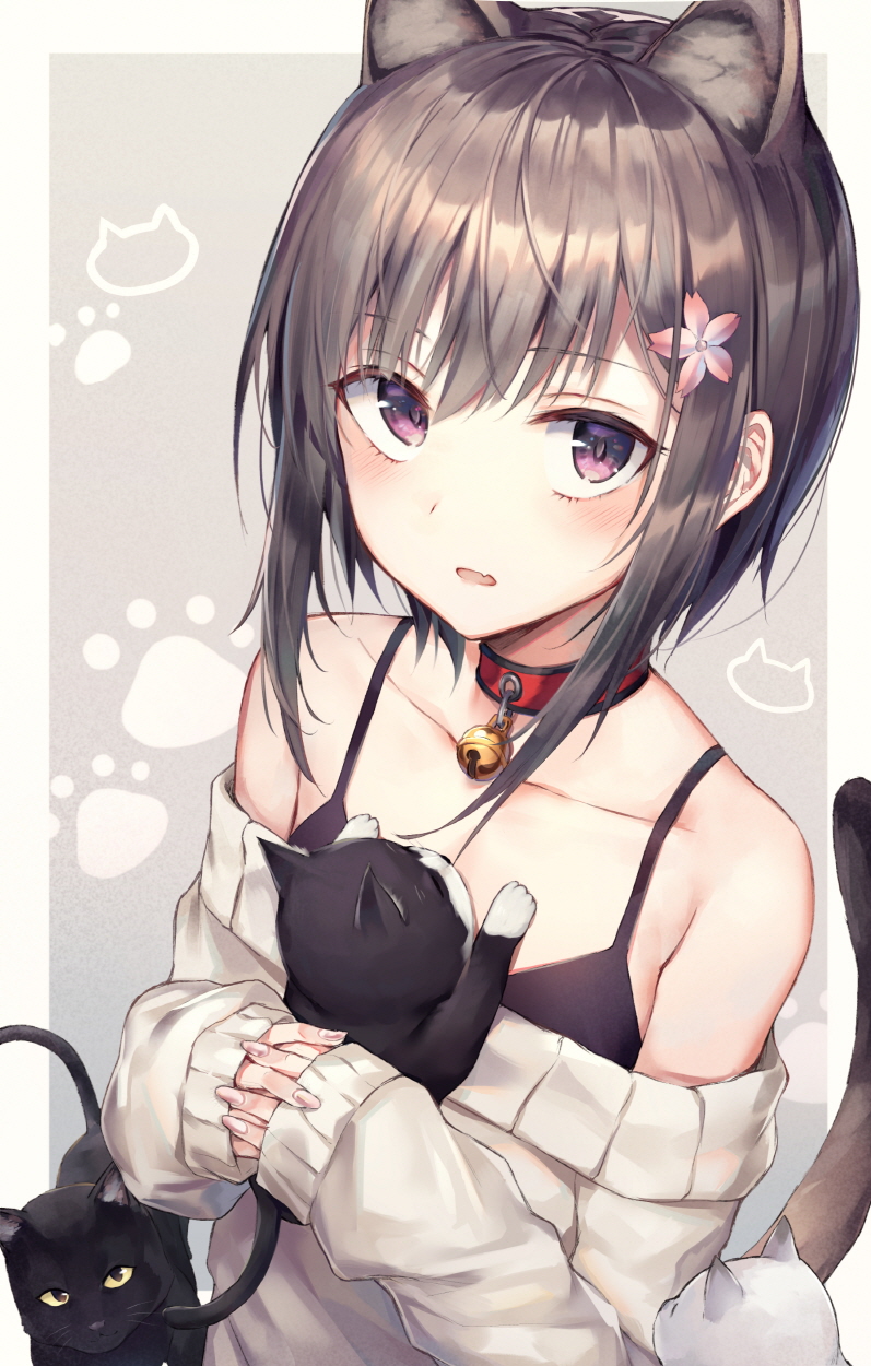 1girl animal animal_ears bare_shoulders bell black_bra black_cat blush bra brown_eyes brown_hair carrying cat cat_ears cat_girl cat_tail collar collarbone extra_ears fang flat_chest flower grey_sweater hair_flower hair_ornament highres huwali_(dnwls3010) interlocked_fingers jingle_bell long_sleeves looking_at_viewer off-shoulder_sweater off_shoulder original own_hands_together parted_lips paw_background sanpaku short_hair sidelocks solo sweater tail underwear upper_body