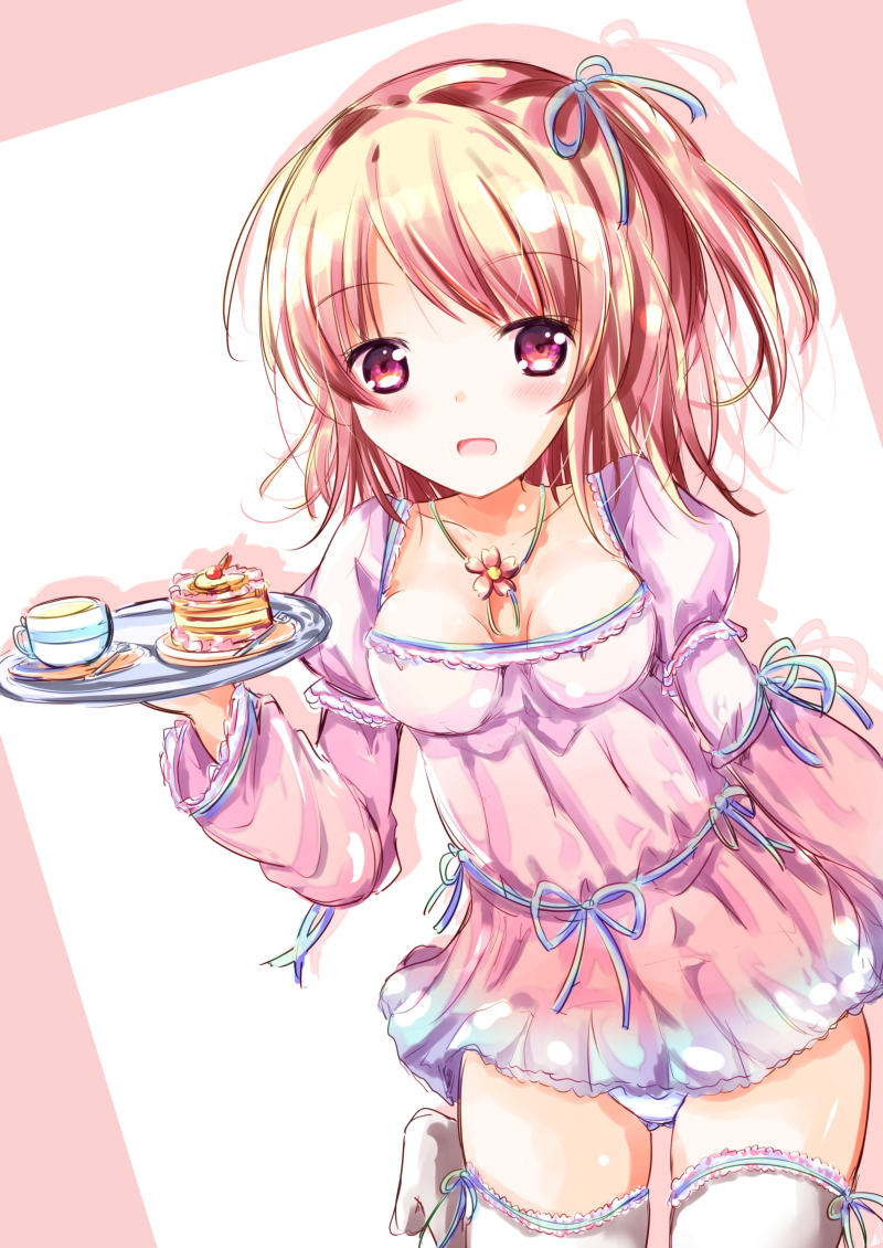 1girl :d blue_panties blue_ribbon blush breasts brown_background brown_hair cake collarbone colored_shadow commentary_request cup dress drop_shadow flower food fork hair_ribbon hand_up holding holding_tray juliet_sleeves long_sleeves medium_breasts no_shoes one_side_up open_mouth original panties pink_dress puffy_sleeves red_eyes red_flower ribbon saucer shadow shihou_haru slice_of_cake smile solo spoon standing standing_on_one_leg teacup thigh-highs tray two-tone_background underwear white_background white_legwear