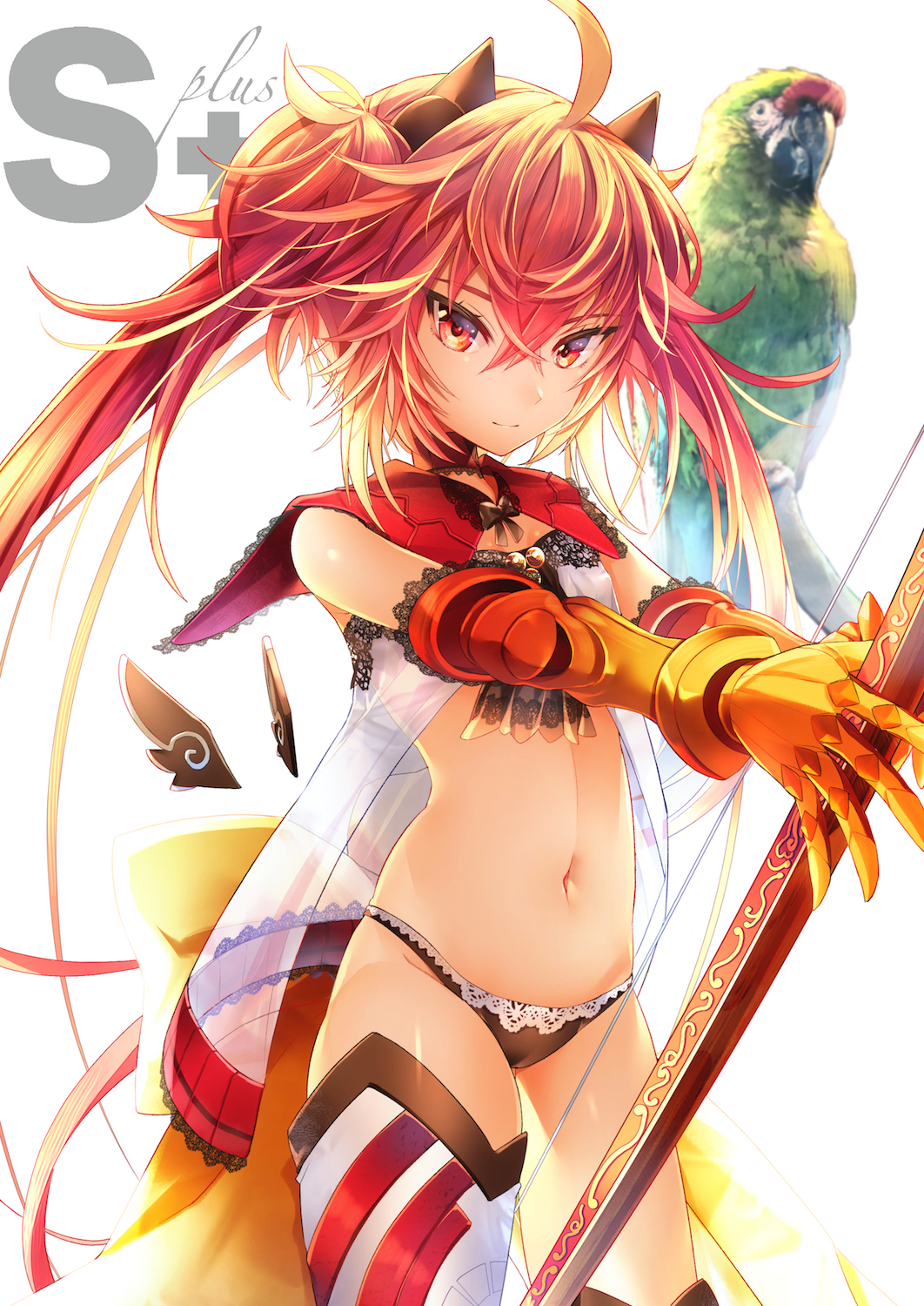 1girl ahoge back_bow bird black_neckwear black_panties bow bow_(weapon) choker closed_mouth collar cowboy_shot fate/grand_order fate_(series) gloves highres holding holding_bow_(weapon) holding_weapon light_smile long_hair looking_at_viewer messy_hair multicolored multicolored_clothes multicolored_gloves navel panties parrot red_eyes redhead satoimo_(3311_mi) simple_background sita_(fate/grand_order) solo standing thigh-highs twintails underwear weapon white_background yellow_bow