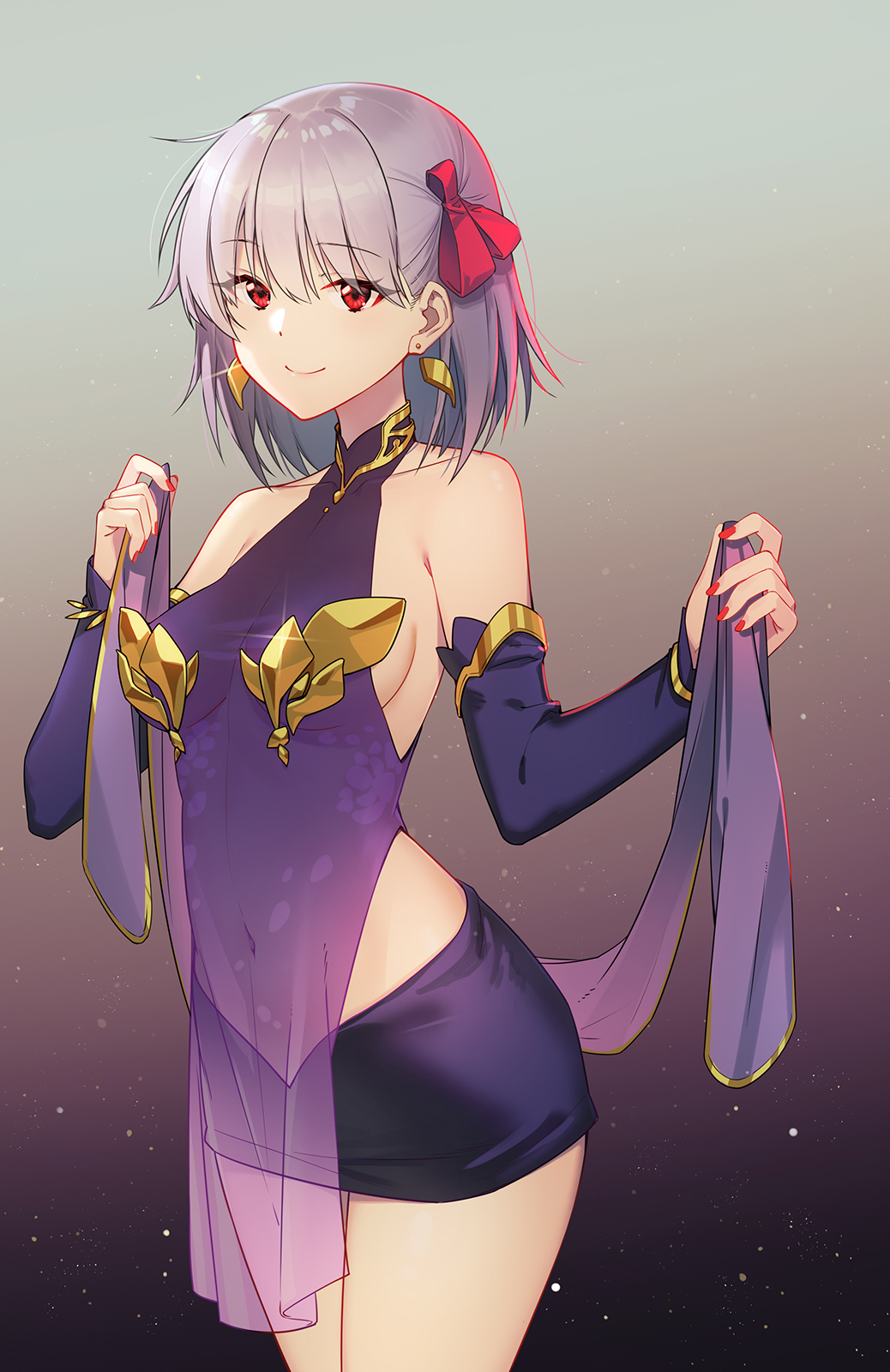 1girl bangs bare_shoulders black_skirt breasts closed_mouth collarbone cowboy_shot detached_sleeves earrings eyebrows_visible_through_hair fate/grand_order fate_(series) glint gradient gradient_background grey_background hair_ribbon highres holding jewelry kama_(fate/grand_order) long_sleeves looking_away medium_breasts miniskirt nail_polish navel no_legwear pasties purple_background red_eyes red_nails red_ribbon ribbon see-through short_hair sideboob silver_hair skirt smile solo zhanzheng_zi