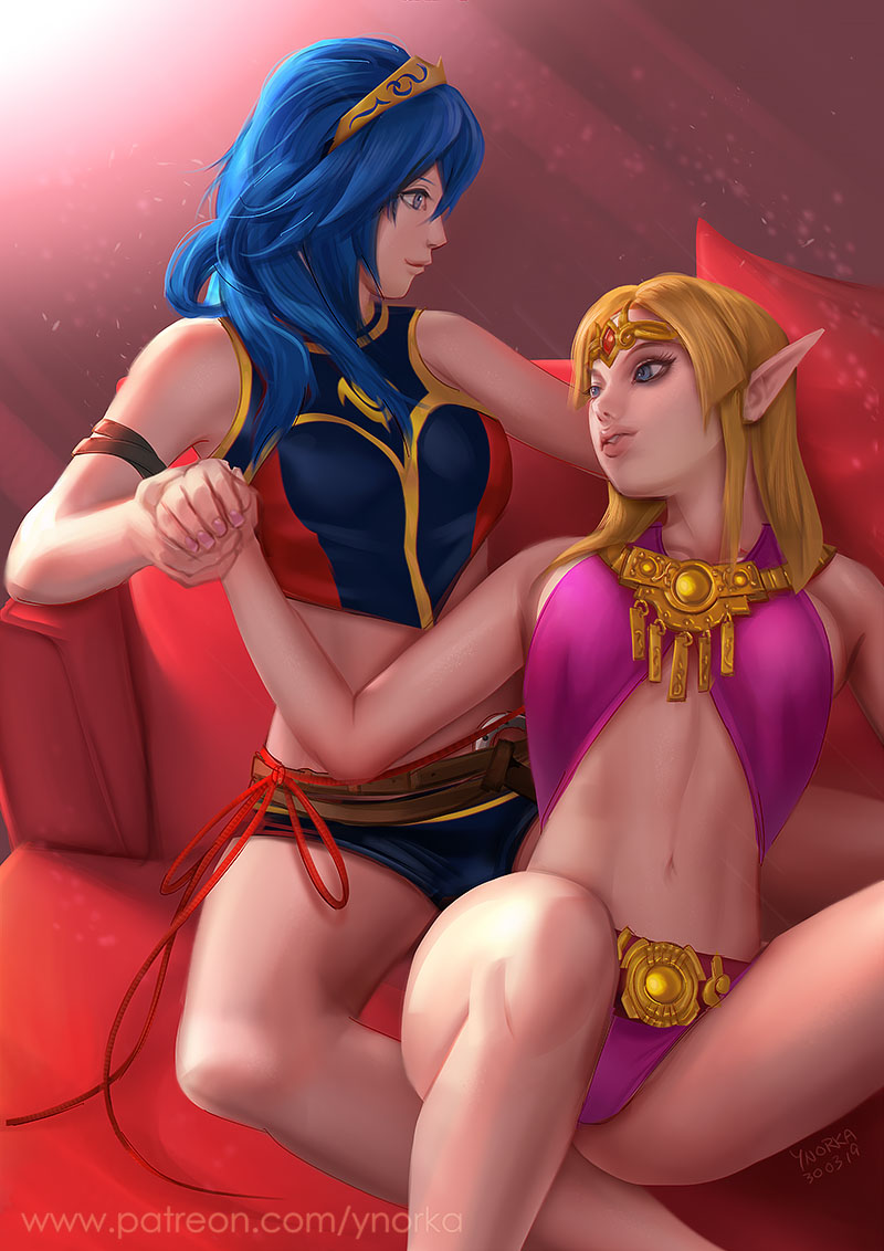 blue_eyes blue_hair blush bracer breasts earrings fingerless_gloves fire_emblem fire_emblem:_kakusei fire_emblem_cipher gloves hair_between_eyes jewelry long_hair lucina navel nintendo open_mouth panties pointy_ears princess_zelda smile super_smash_bros. swimsuit the_legend_of_zelda the_legend_of_zelda:_a_link_between_worlds tiara triforce underwear ynorka_chiu yuri