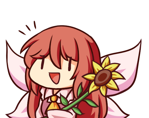 1girl :d ascot bangs chibi commentary dress english_commentary fairy fairy_wings flower hair_between_eyes holding holding_flower long_hair long_sleeves open_mouth pink_dress redhead sidelocks simple_background smile solo sunflower touhou upper_body white_background wide_sleeves wings wool_(miwol) yellow_neckwear |_|