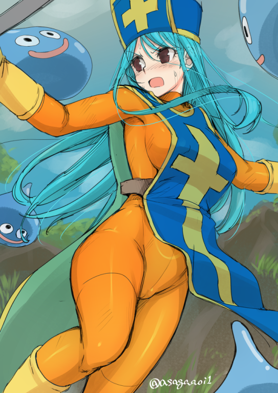 1girl asaga_aoi bangs blue_hair blue_headwear bodysuit breasts brown_eyes cross dragon_quest dragon_quest_iii elbow_gloves erect_nipples eyebrows_visible_through_hair gloves grass hair_between_eyes hat large_breasts long_hair mitre open_mouth orange_bodysuit priest_(dq3) slime_(dragon_quest) straight_hair tabard twitter_username v-shaped_eyebrows yellow_footwear yellow_gloves