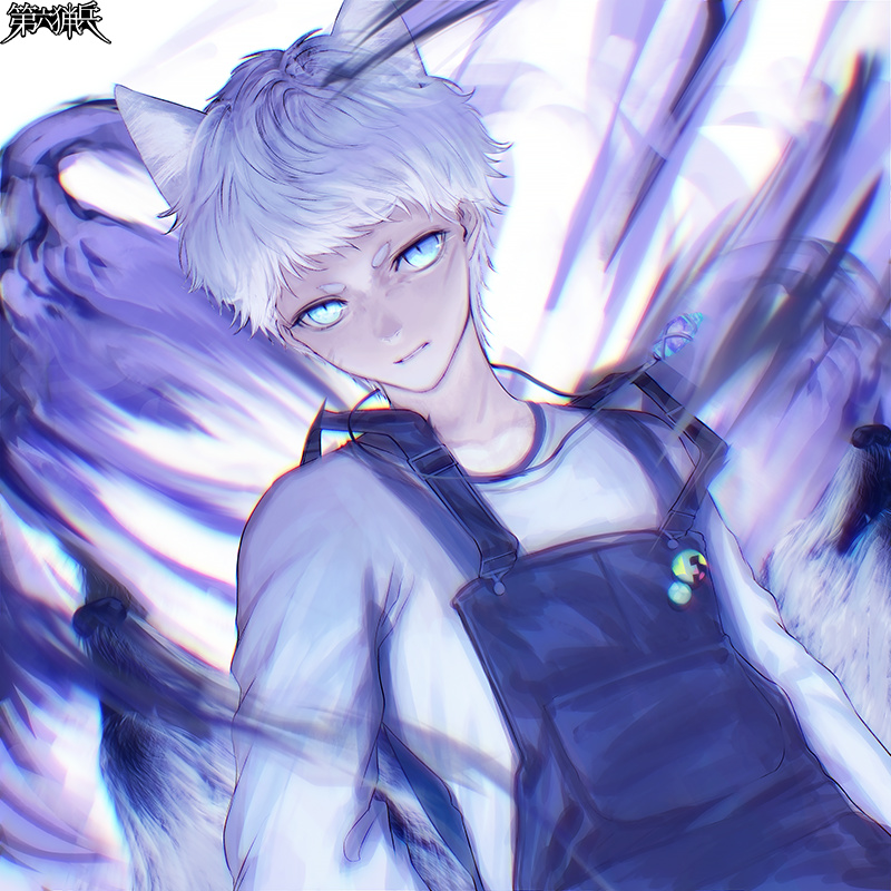 1boy animal_ears dairoku_youhei fox_boy fox_ears fox_tail jewelry light_blue_eyes long_sleeves looking_at_viewer male_focus necklace official_art overalls setakezilla shirt tail upper_body white_hair white_shirt