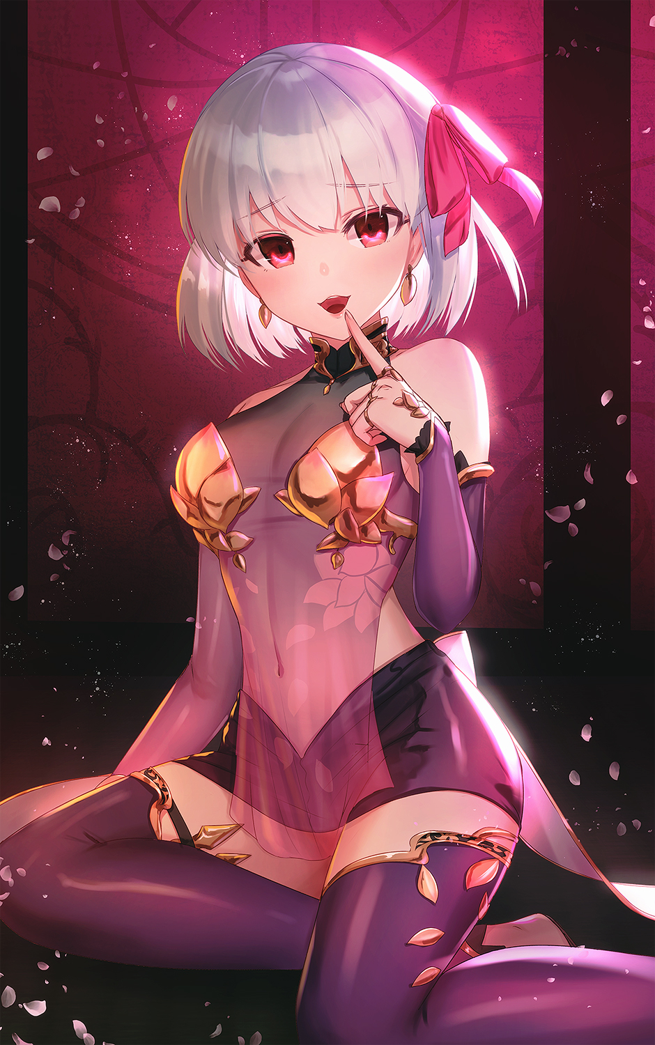 1girl commentary_request dolce_(dolsuke) earrings eyebrows_visible_through_hair fate/grand_order fate_(series) hair_ribbon highres index_finger_raised jewelry kama_(fate/grand_order) looking_at_viewer navel open_mouth petals purple_legwear red_eyes red_ribbon ribbon see-through short_hair sitting smile solo teeth thigh-highs white_hair yellow_earrings