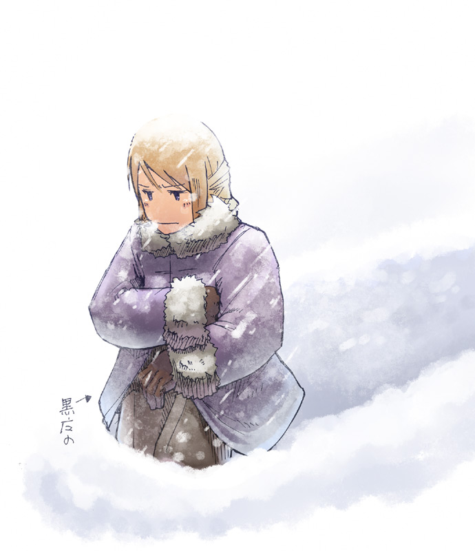 1girl blonde_hair blue_eyes commentary_request final_fantasy final_fantasy_tactics gloves long_hair momigara_(mmgrkmnk) snow solo winter_clothes