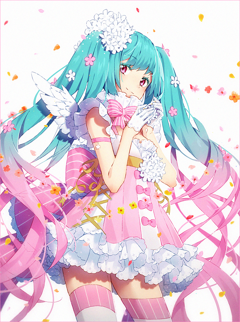 1girl aqua_hair bare_shoulders blush bow closed_mouth commentary dress english_commentary feathered_wings flower gloves gradient_hair hair_flower hair_ornament hakusai_(tiahszld) half_gloves hands_up hatsune_miku long_hair mini_wings multicolored_hair pink_bow pink_dress pink_eyes pink_flower pink_hair red_flower short_dress simple_background sleeveless sleeveless_dress smile solo striped striped_bow thigh-highs twintails vertical_stripes very_long_hair vocaloid white_background white_flower white_gloves white_legwear white_wings wings