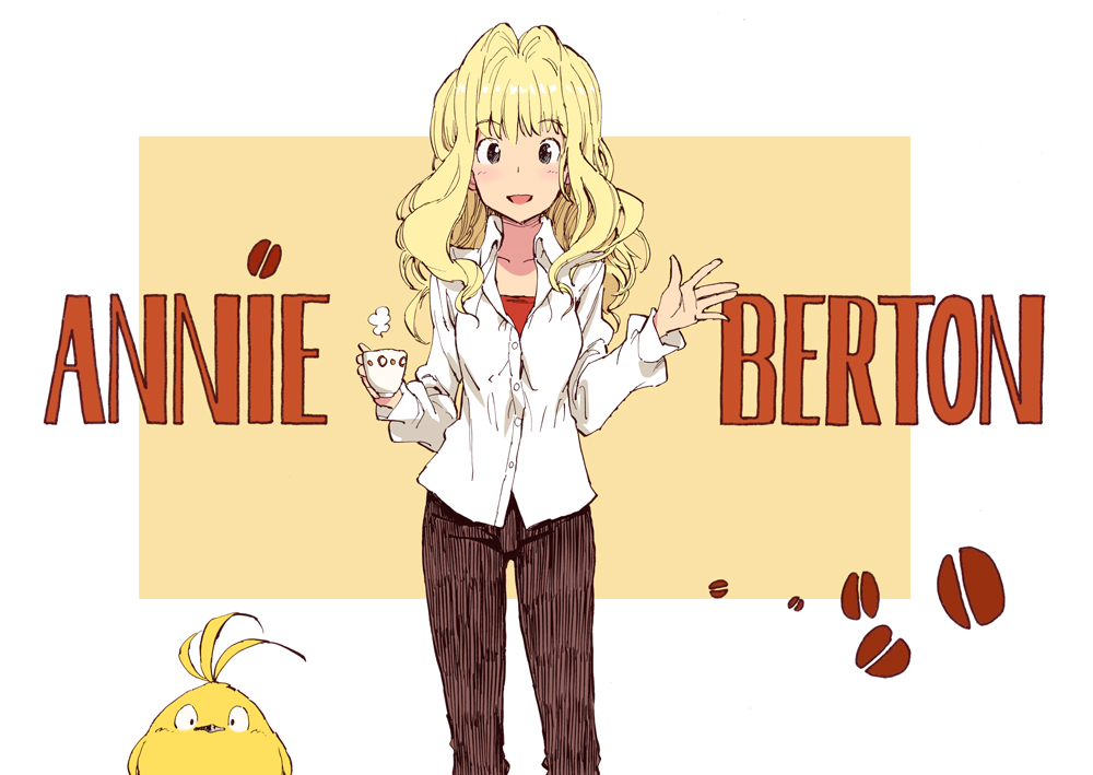 1girl :d annie_berton bangs bird blonde_hair blush brown_eyes brown_pants character_name collarbone commentary cup eyebrows_visible_through_hair feet_out_of_frame hand_up holding holding_cup long_hair long_sleeves looking_at_viewer matsuda_(matsukichi) open_mouth original pants shirt simple_background smile standing teacup tori_(matsuda_(matsukichi)) white_background white_shirt wing_collar