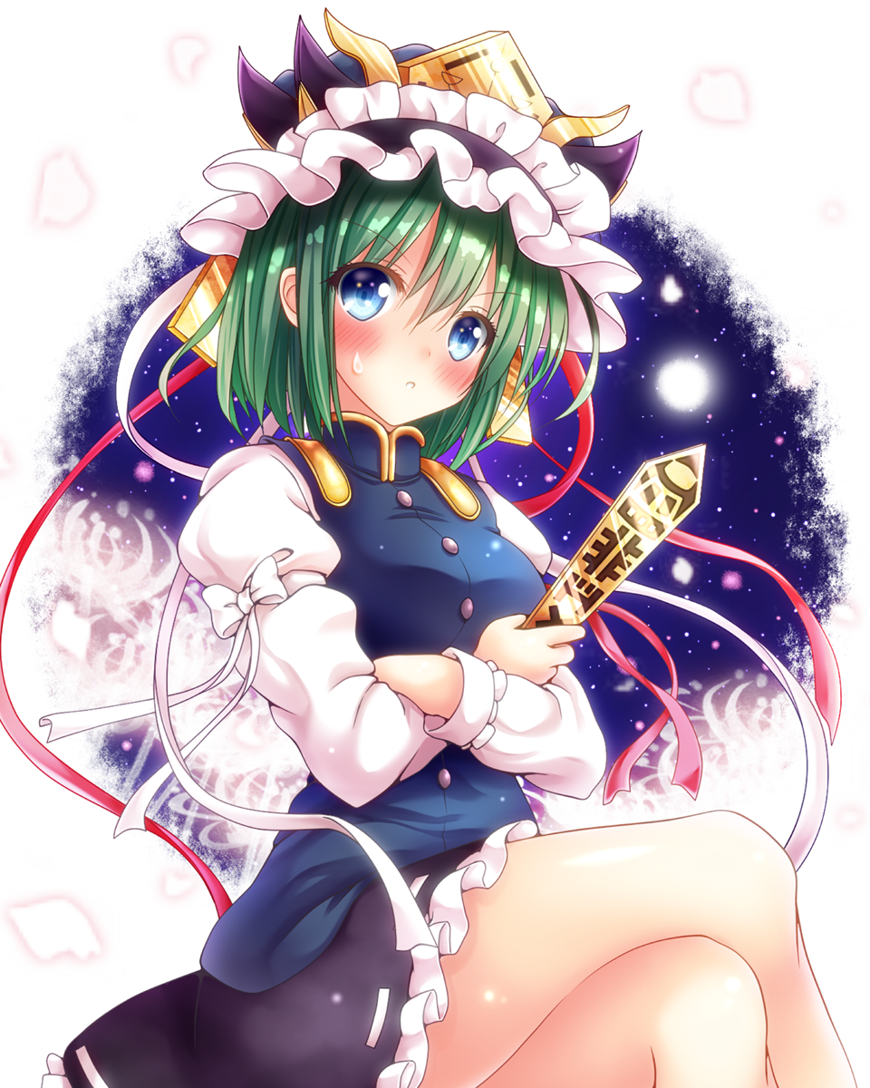 1girl :o arm_ribbon black_skirt blue_background blue_eyes blue_vest blush breasts commentary_request crossed_arms epaulettes eyebrows_visible_through_hair frilled_skirt frills gradient gradient_background green_hair hair_between_eyes hat hat_ribbon head_tilt high_collar highres holding juliet_sleeves legs_crossed long_sleeves looking_at_viewer medium_breasts osashin_(osada) petals puffy_sleeves ribbon rod_of_remorse shiki_eiki shirt short_hair sitting skirt sleeve_cuffs solo star starry_background sweatdrop touhou vest white_background white_shirt