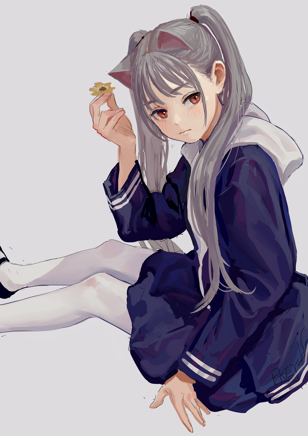 1girl animal_ears artist_name bangs black_footwear blue_hoodie blush cat_ears eyebrows_visible_through_hair feet_out_of_frame fkey flower grey_background hand_up highres holding holding_flower hood hoodie long_hair long_sleeves looking_at_viewer mary_janes original pantyhose red_eyes shoes signature silver_hair simple_background sitting solo twintails white_legwear yellow_flower