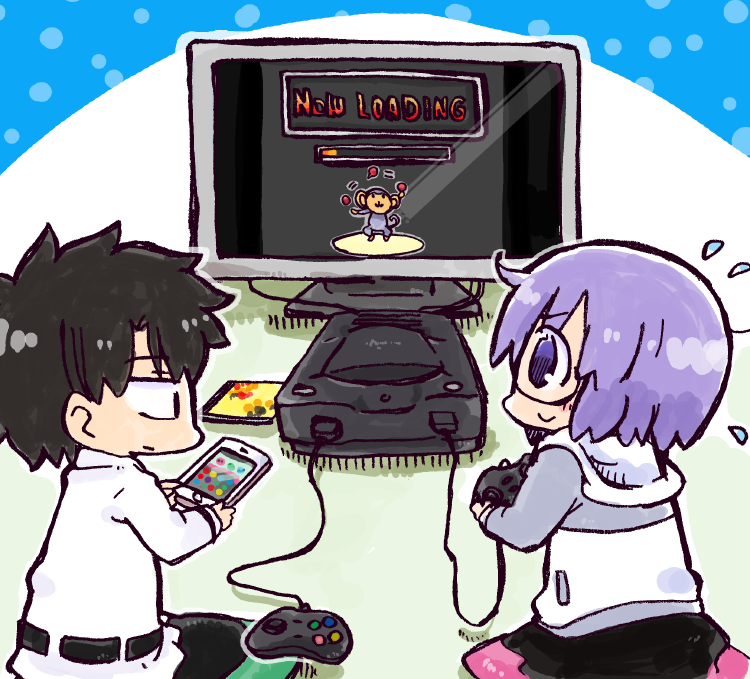 1boy 1girl bangs black-framed_eyewear black_hair black_pants black_skirt blush_stickers cellphone chaldea_uniform closed_mouth commentary_request controller eyebrows_visible_through_hair fate/grand_order fate_(series) flat_screen_tv flying_sweatdrops fujimaru_ritsuka_(male) game_console game_controller glasses hair_between_eyes holding holding_cellphone holding_phone hood hood_down hooded_jacket jacket kasuga_yuuki loading_screen mash_kyrielight pants phone profile purple_hair semi-rimless_eyewear sitting skirt smartphone smile television under-rim_eyewear uniform violet_eyes white_jacket