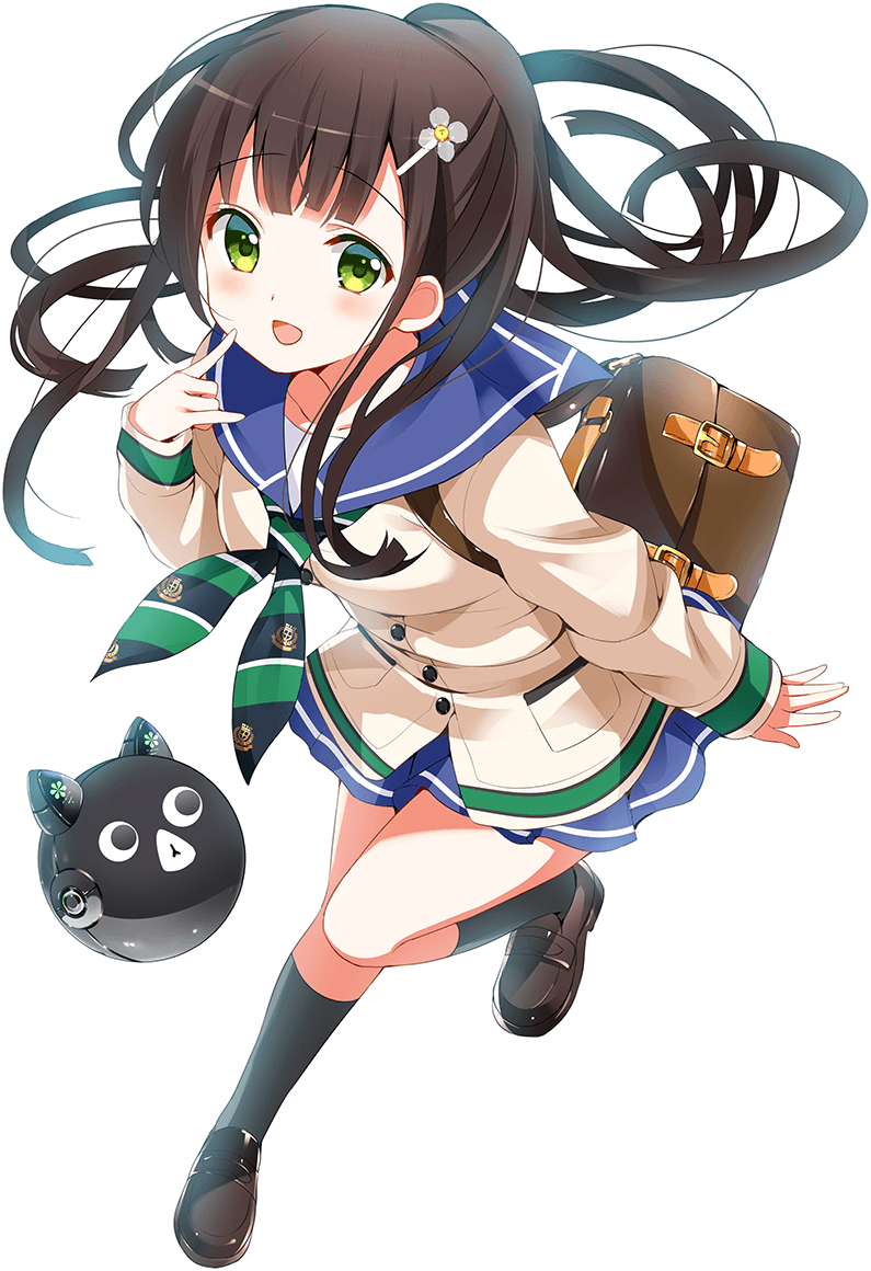 1girl :d alternate_hairstyle anko_(gochiusa) april_fools brown_hair eyebrows_visible_through_hair gochuumon_wa_usagi_desu_ka? green_eyes green_neckwear hair_ornament jacket kneehighs koi_(koisan) long_sleeves official_art open_mouth ponytail skirt smile ujimatsu_chiya