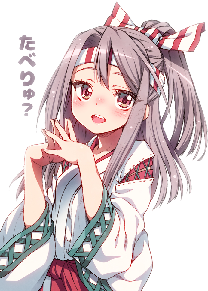 1girl :d brown_eyes brown_hair hachimaki hair_ribbon headband high_ponytail japanese_clothes kantai_collection long_hair looking_at_viewer open_mouth ponytail ribbon simple_background smile solo striped striped_headwear striped_ribbon uousa-ou white_background wide_sleeves zuihou_(kantai_collection)