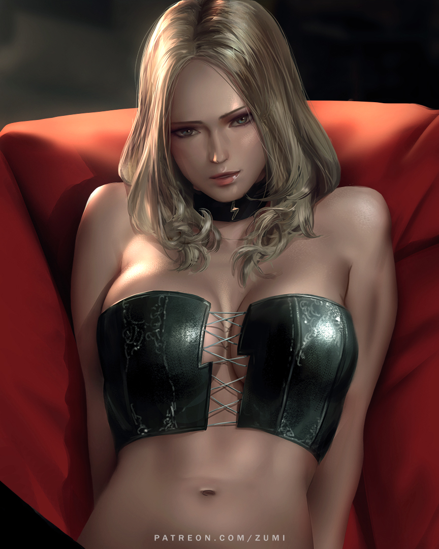 1girl arms_at_sides bangs banned_artist bare_shoulders blonde_hair breasts choker cleavage couch devil_may_cry devil_may_cry_5 looking_at_viewer navel no_bra parted_bangs parted_lips reclining smile solo stomach strapless toned trish_(devil_may_cry) tubetop upper_body zumi_(zumidraws)