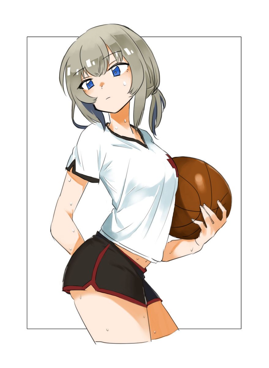 1girl aaru_(kerogero1582) alternate_hairstyle arm_behind_back ball basketball black_shorts blue_eyes closed_mouth commentary contrapposto cropped_legs emblem eyebrows_visible_through_hair from_side girls_und_panzer grey_background gym_shirt gym_shorts gym_uniform hair_tie hair_up head_tilt highres holding holding_ball itsumi_erika light_frown looking_at_viewer medium_hair navel nokogiriotoko outline outside_border print_shirt reference_work shirt short_ponytail short_shorts short_sleeves shorts silver_hair single_vertical_stripe solo standing sweat v-neck white_outline white_shirt