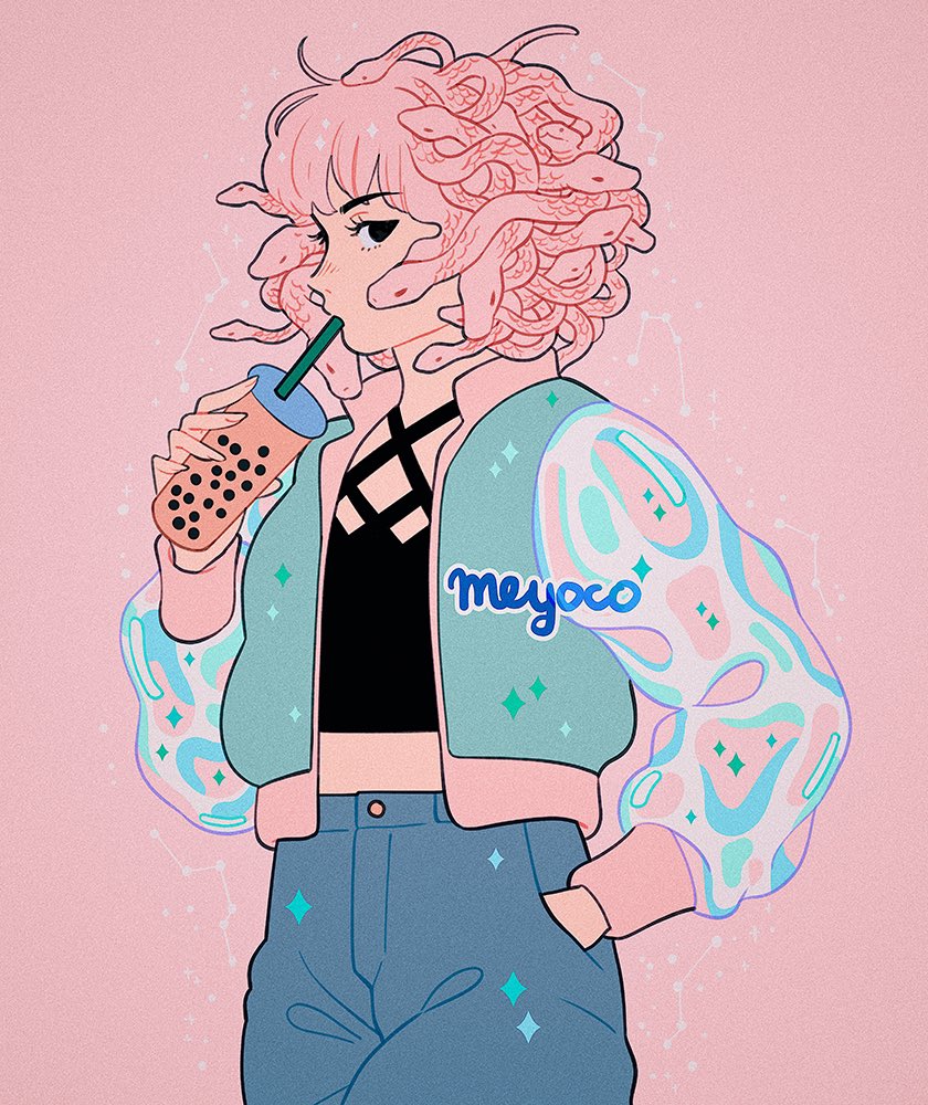 1girl artist_name bangs black_eyes blue_pants bubble_tea constellation cowboy_shot cup denim drinking drinking_straw gorgon hand_in_pocket jeans living_hair long_sleeves looking_at_viewer meyoco midriff monster_girl original pants pink_background pink_hair profile simple_background snake snake_hair solo sparkle