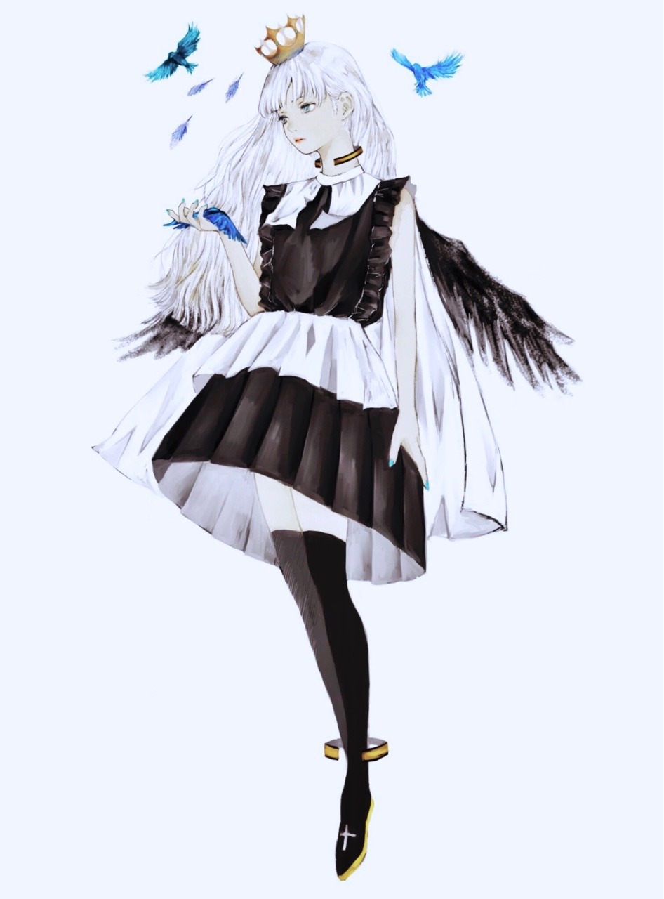 1girl animal aqua_nails bangs bird black_dress black_footwear black_legwear blue_feathers cape crown dress expressionless full_body highres holding holding_animal holding_bird long_hair nail_polish original shirone_(coxo_ii) simple_background sleeveless solo standing white_background white_cape white_hair