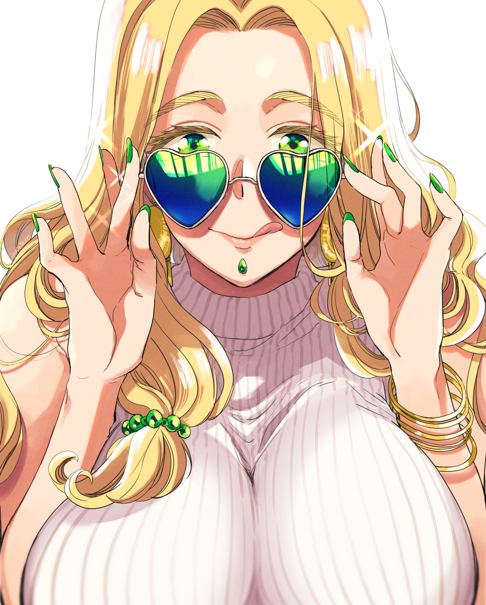 1girl :q alternate_costume bangs bare_shoulders blonde_hair bracelet breasts casual earrings eyelashes fate/grand_order fate_(series) forehead green_eyes green_nails heart heart-shaped_eyewear highres jewelry large_breasts long_hair looking_at_viewer nail_polish parted_bangs piercing quetzalcoatl_(fate/grand_order) ribbed_sweater simple_background smile solo star sunglasses sweater tongue tongue_out white_background yukataro