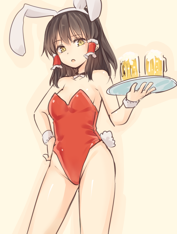 1girl :o alcohol alternate_costume alternate_eye_color animal_ears bangs beer beige_background beige_outline black_hair breasts bunny_tail bunnysuit collarbone commentary_request cowboy_shot cup eyebrows_visible_through_hair fake_animal_ears fake_tail groin hair_tubes hairband hakurei_reimu hand_on_hip hand_up holding holding_tray long_hair looking_at_viewer miyo_(ranthath) mug neck_ribbon outline parted_lips rabbit_ears ribbon sidelocks simple_background small_breasts solo standing tail thighs touhou tray white_hairband white_neckwear white_ribbon wrist_cuffs yellow_eyes