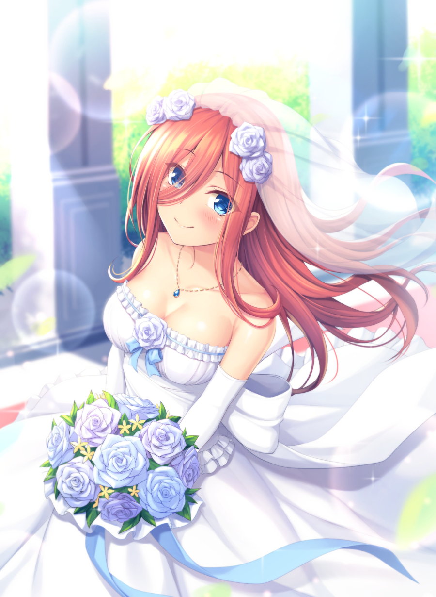 1girl bangs bare_shoulders blue_bow blue_eyes blue_ribbon blush bouquet bow breasts bridal_veil brown_hair cleavage closed_mouth collarbone commentary_request dress elbow_gloves eyebrows_visible_through_hair flower from_above gloves go-toubun_no_hanayome hair_between_eyes highres indoors jewelry large_breasts lens_flare long_hair looking_at_viewer mutsuba_fumi nakano_miku necklace ribbon rose smile solo veil wedding wedding_dress