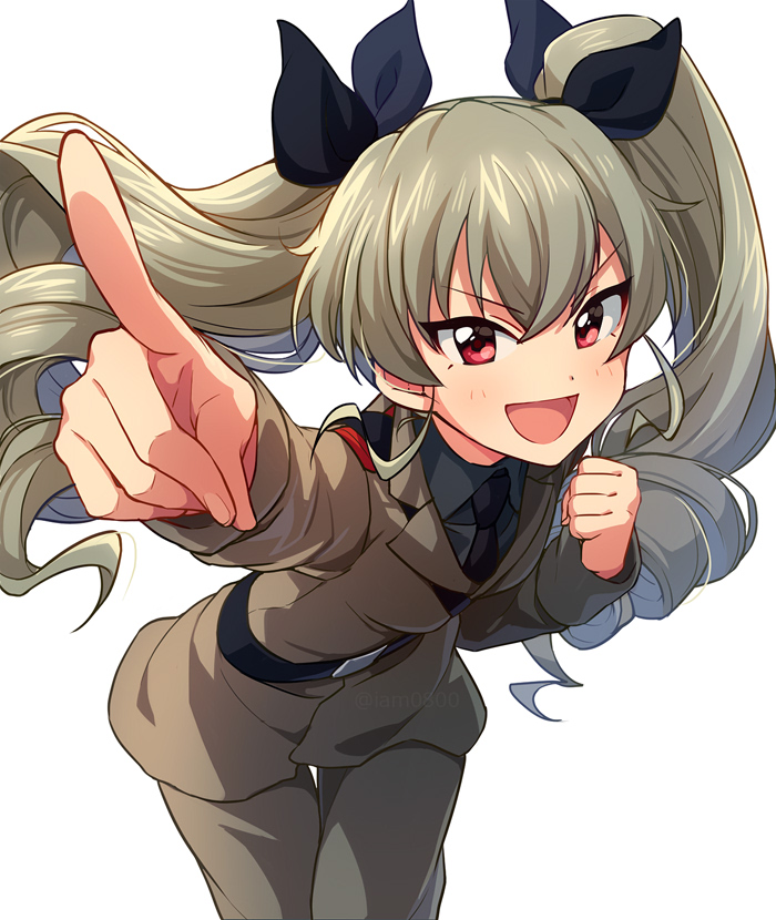 1girl :d anchovy anzio_military_uniform black_ribbon drill_hair eyebrows_visible_through_hair girls_und_panzer green_hair hair_ribbon long_hair long_sleeves looking_at_viewer military military_uniform open_mouth red_eyes ribbon sayshownen simple_background smile solo twin_drills twintails uniform white_background