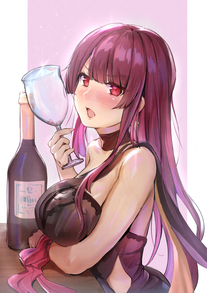 1girl alternate_costume bangs black_dress blush bottle breast_rest breasts commentary cup dress earrings elbow_rest eyebrows_visible_through_hair girls_frontline glint head_tilt holding holding_cup jewelry large_breasts long_hair looking_at_viewer open_mouth outside_border purple_hair qian_wu_atai red_eyes ribbon sidelocks single_strap sitting solo very_long_hair wa2000_(girls_frontline)