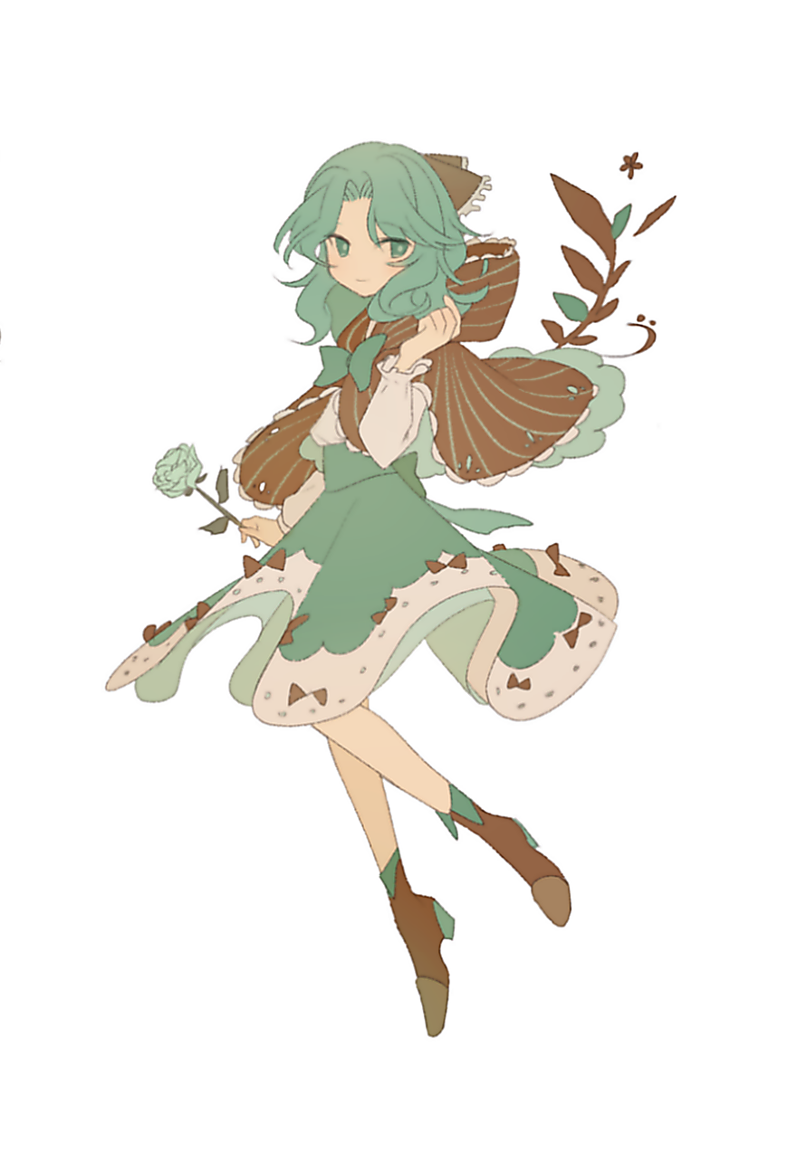 1girl alternate_costume bishoujo_senshi_sailor_moon bow brown_bow brown_footwear dress flower frilled_bow frilled_sleeves frills full_body green_bow green_dress green_eyes green_flower green_hair green_rose hair_bow highres holding holding_flower hood hood_down kaiou_michiru leaf lolita_fashion long_sleeves no_nose rose simple_background smile solo standing white_background zero_(jckz2334)