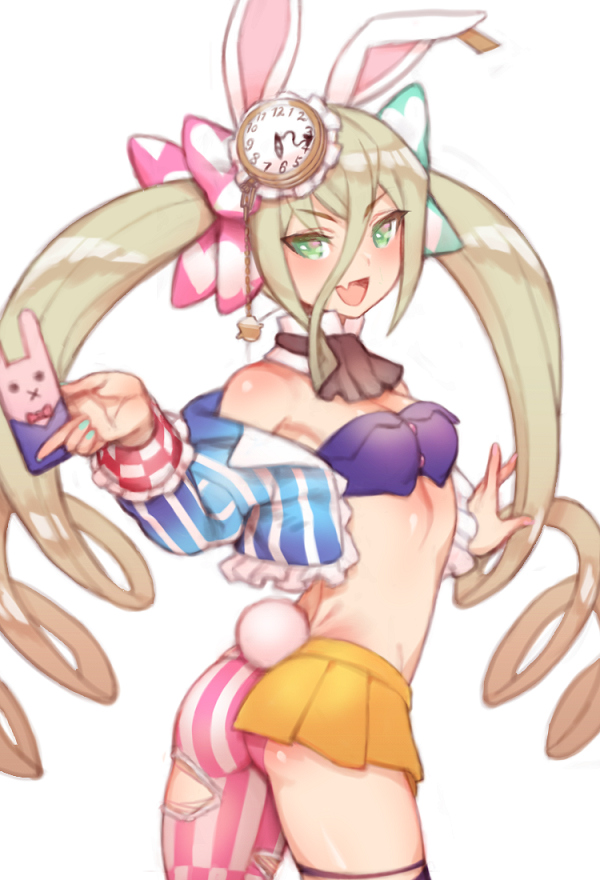 1girl :d alternate_costume alternate_hairstyle animal_ears ass asymmetrical_clothes blonde_hair blue_bow bow bunny_girl bunny_tail card clock cowboy_shot cropped_jacket drill_hair folks_(nabokof) green_eyes hair_bow holding holding_card long_hair looking_at_viewer magilou_(tales) midriff mismatched_legwear open_mouth pink_bow rabbit_ears shiny shiny_skin simple_background single_leg_pantyhose skirt smile solo striped striped_legwear tail tales_of_(series) tales_of_berseria twin_drills twintails vertical-striped_legwear vertical_stripes white_background yellow_skirt