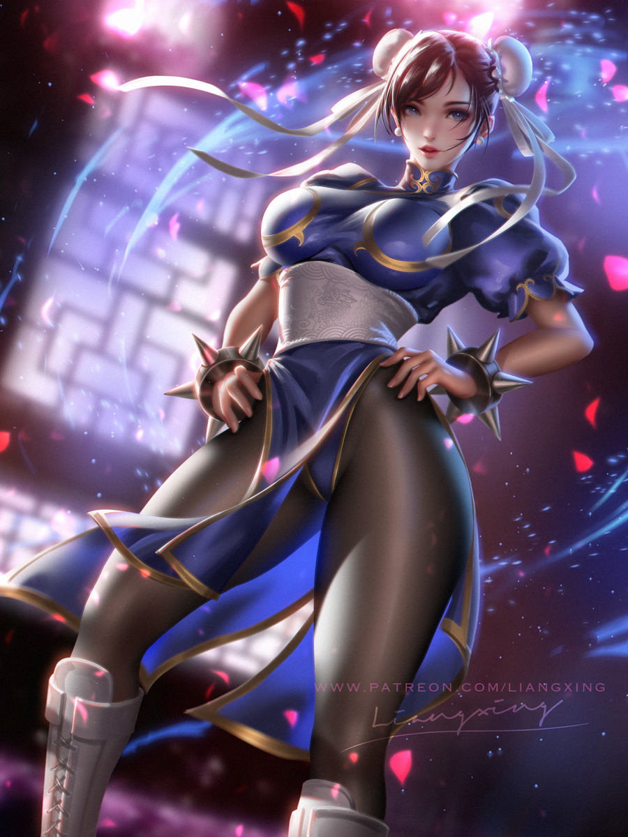 1girl artist_name aura black_legwear blurry blurry_background boots bracelet brown_hair bun_cover capcom chinese_clothes chun-li commentary double_bun earrings english_commentary grey_eyes hair_ribbon hands_on_hips highleg highres jewelry knee_boots liang_xing looking_at_viewer pantyhose parted_lips patreon_username pelvic_curtain petals puffy_short_sleeves puffy_sleeves ribbon short_sleeves solo spiked_bracelet spikes standing street_fighter watermark web_address white_footwear window