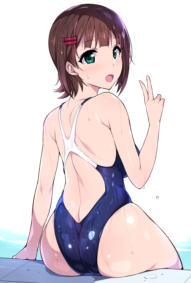 1girl :d amami_haruka arm_at_side ass back bangs bare_legs bare_shoulders blue_swimsuit blunt_bangs blush breasts brown_hair competition_swimsuit eyebrows_visible_through_hair from_behind green_eyes hair_ornament hairclip hidebou idolmaster idolmaster_(classic) looking_at_viewer looking_back medium_breasts one-piece_swimsuit open_mouth poolside simple_background sitting smile solo swimsuit v water_drop wet white_background
