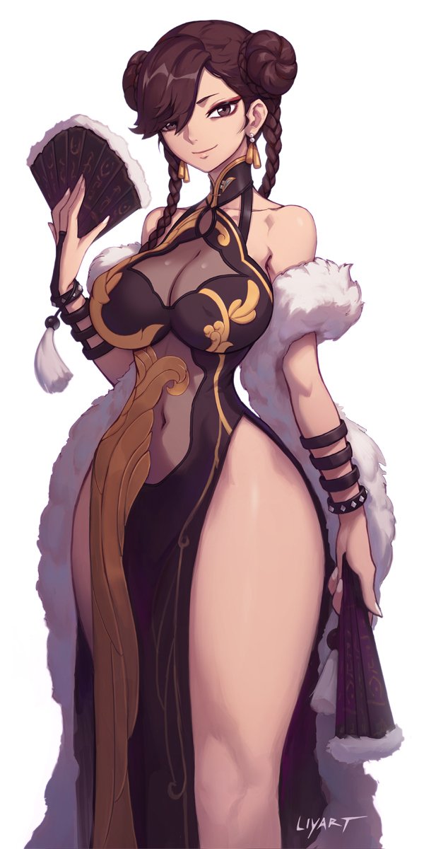 1girl alternate_costume bare_shoulders black_dress bracelet braid breasts brown_eyes brown_hair capcom china_dress chinese_clothes chun-li cleavage commentary curvy dress english_commentary fan folding_fan hair_over_one_eye highres holding holding_fan jewelry large_breasts liyart looking_at_viewer side_slit smile solo standing street_fighter thick_thighs thighs twin_braids wide_hips