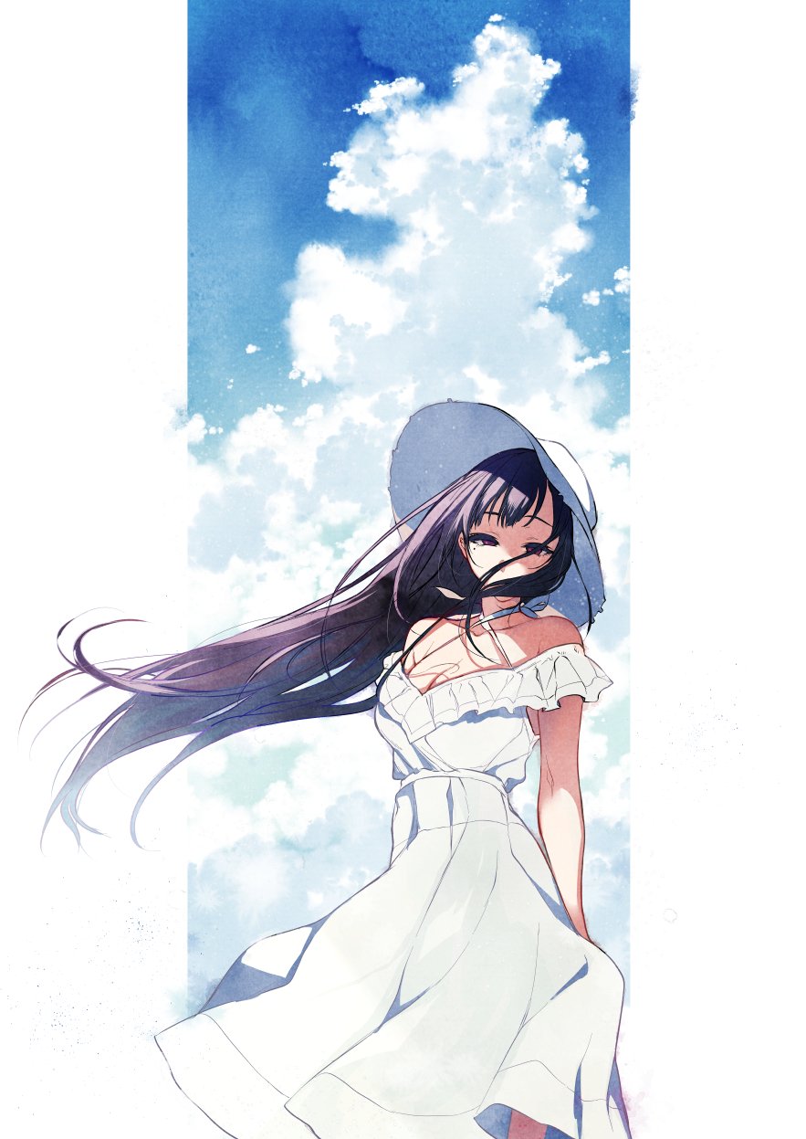 1girl ane_naru_mono bare_shoulders black_hair breasts chiyo_(ane_naru_mono) cleavage clouds collarbone dress floating_hair frills hat highres large_breasts long_hair long_skirt looking_at_viewer mole mole_under_eye pochi_(pochi-goya) sidelocks skirt sky solo strapless strapless_dress sun_hat very_long_hair violet_eyes