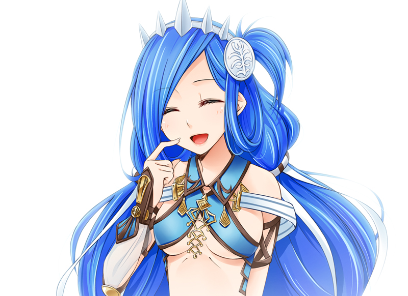 1girl :d arm_strap asymmetrical_sleeves bangs blue_hair breasts cleavage closed_eyes dana_(ys) diadem finger_to_mouth hair_ornament hair_ribbon index_finger_raised long_hair medium_breasts open_mouth oto_falcom parted_bangs ribbon simple_background single_sleeve smile solo twintails under_boob upper_body very_long_hair white_background white_ribbon wing_collar ys ys_viii_lacrimosa_of_dana