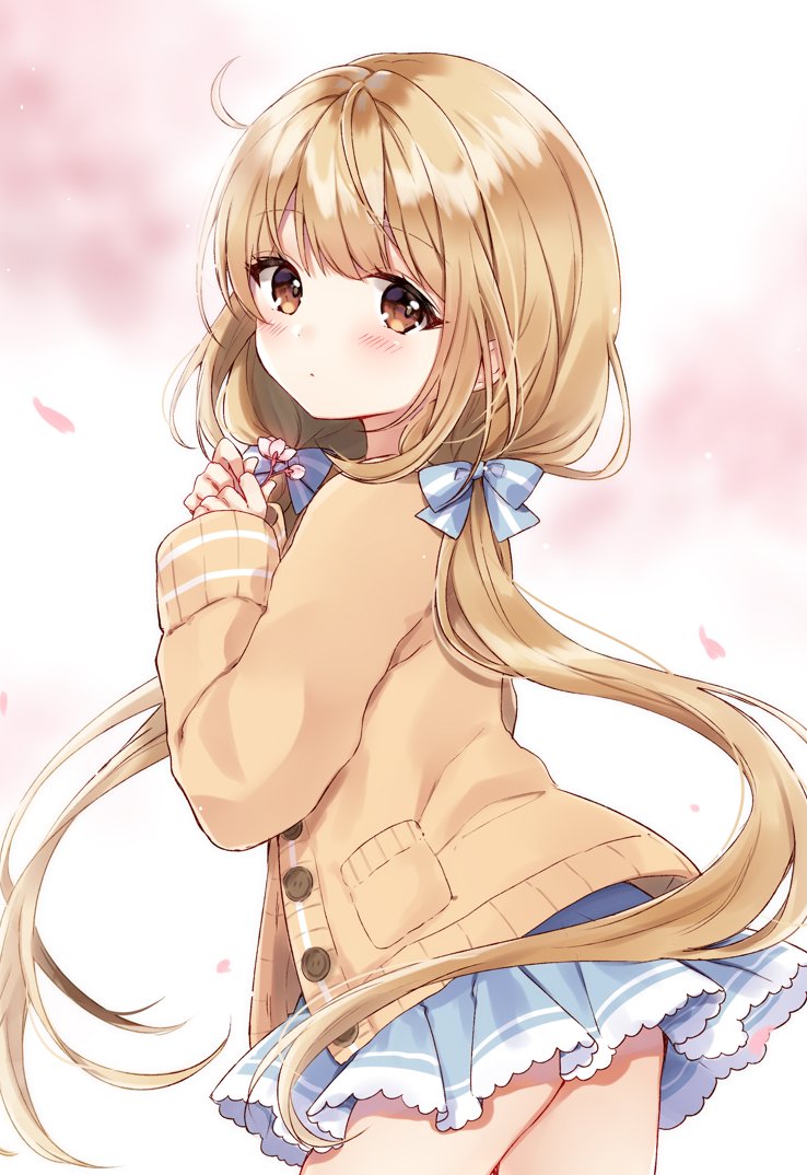 1girl bangs blue_bow blue_skirt blush bow brown_cardigan brown_eyes cardigan cherry_blossoms closed_mouth commentary cowboy_shot flower futaba_anzu hair_between_eyes hair_bow holding holding_flower idolmaster idolmaster_cinderella_girls light_brown_hair long_hair long_sleeves looking_at_viewer looking_back low_twintails miniskirt nazuna_shizuku open_cardigan open_clothes outdoors petals skirt sleeves_past_wrists solo thighs twintails very_long_hair