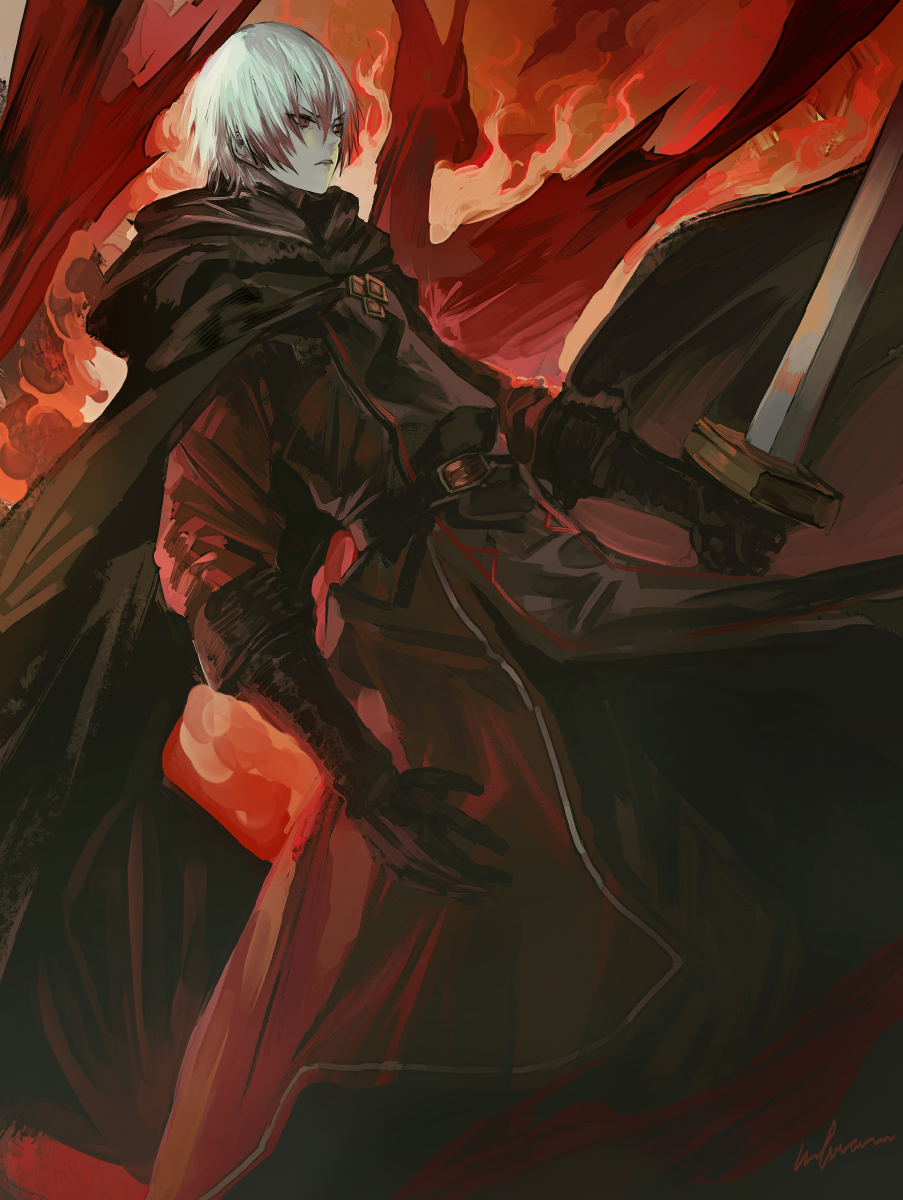 1boy belt black_cloak black_gloves cloak ezel_the_king_of_fire_and_iron fire flag gloves highres holding holding_sword holding_weapon hood hood_down infukun looking_to_the_side male_focus outdoors pixiv_fantasia pixiv_fantasia_last_saga red_eyes red_sky redhead sky solo sword weapon white_hair