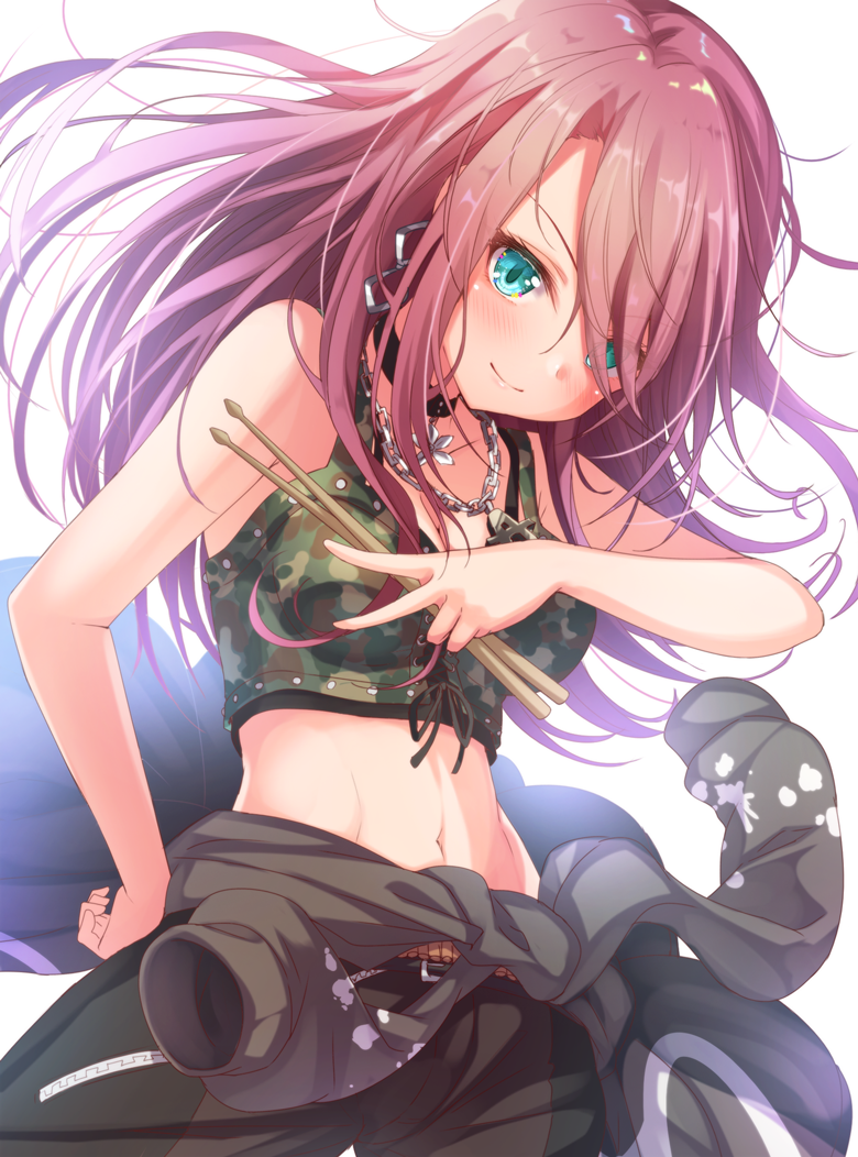 1girl bang_dream! bangs bare_arms bare_shoulders belt belt_buckle black_belt black_pants blue_eyes blush breasts buckle camouflage chains cleavage closed_mouth clothes_around_waist collarbone commentary_request crop_top drumsticks earrings hair_over_one_eye holding jewelry long_hair matokechi midriff navel pants redhead revision simple_background small_breasts smile solo udagawa_tomoe white_background