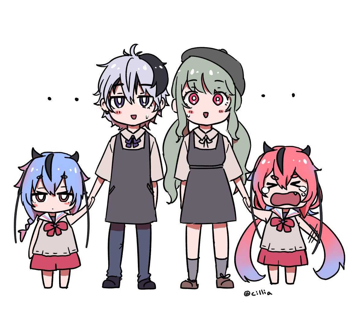 &gt;_&lt; 4girls androgynous beret blush_stickers child cillia crying dress flower_(vocaloid) full_body gradient_hair green_hair hand_holding hat meika_hime meika_mikoto multicolored_hair multiple_girls pink_eyes pink_hair purple_hair short_hair shorts skirt smile streaked_hair sweatdrop twintails twitter_username v_flower_(vocaloid4) violet_eyes vocaloid xin_hua younger