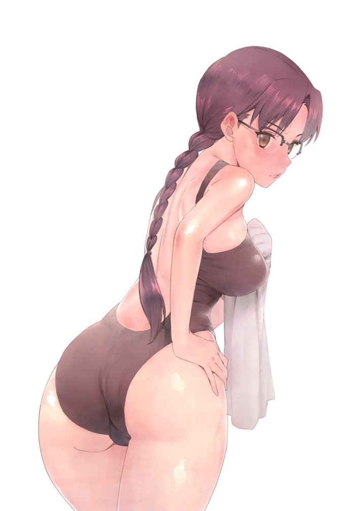 1girl ass bakushiishi_at bangs bare_arms bare_back bare_shoulders black-framed_eyewear black_swimsuit blush braid breasts casual_one-piece_swimsuit character_request copyright_request cowboy_shot eyebrows_visible_through_hair from_behind glasses hand_on_hip holding holding_towel large_breasts leaning_forward long_hair looking_at_viewer looking_back mole mole_under_mouth one-piece_swimsuit over-rim_eyewear parted_bangs purple_hair semi-rimless_eyewear shiny shiny_skin simple_background single_braid solo swimsuit towel white_background