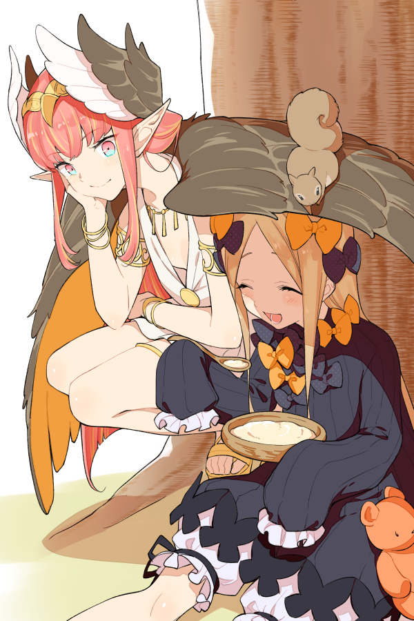 2girls 7dango7 abigail_williams_(fate/grand_order) blonde_hair bloomers bow cheek_rest circe_(fate/grand_order) fate/grand_order fate_(series) multiple_girls pink_hair pointy_ears sleeves_past_fingers sleeves_past_wrists smile squatting squirrel stuffed_animal stuffed_toy teddy_bear tree under_tree underwear winged_hair_ornament wings