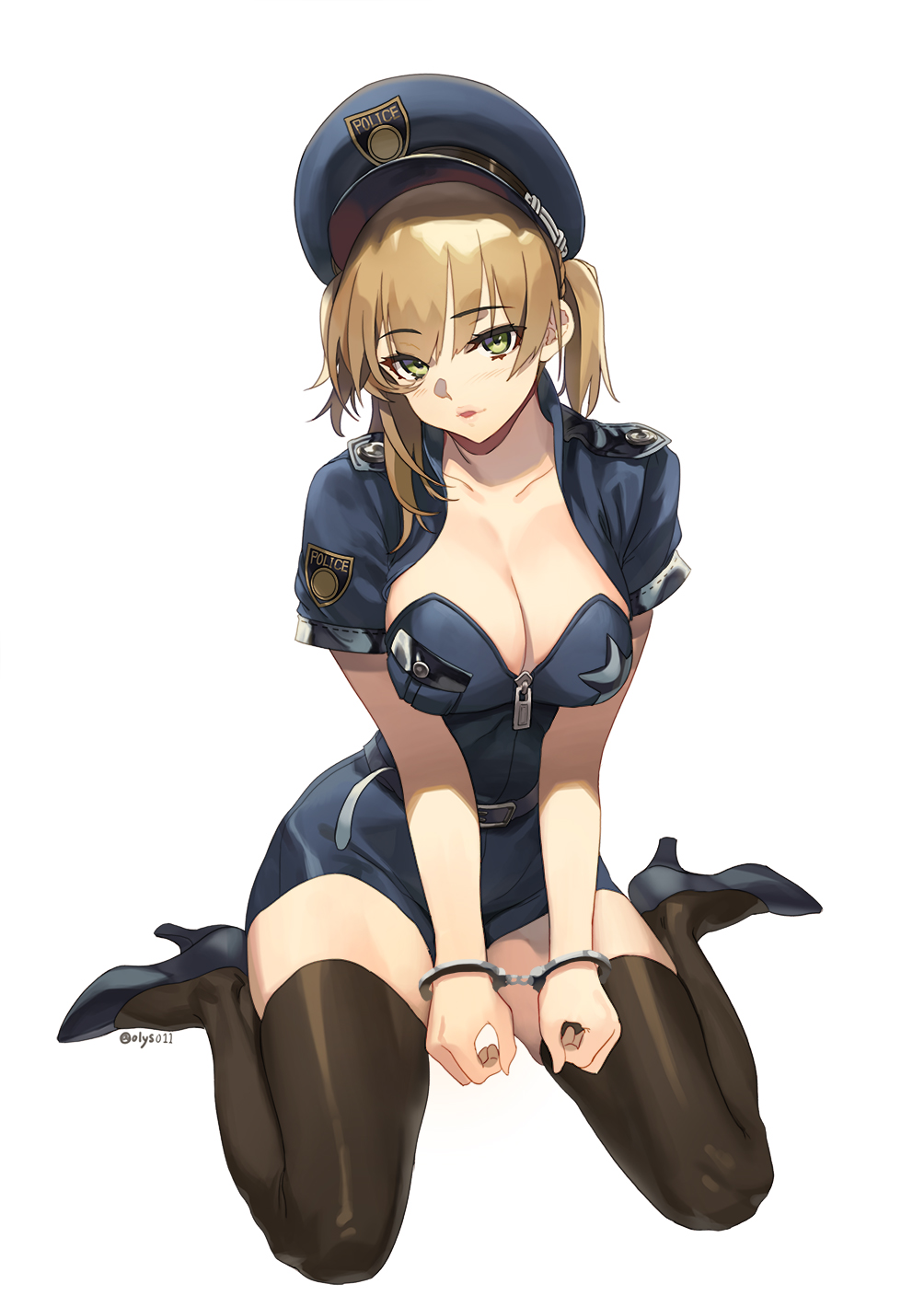 1girl artist_name belt blonde_hair blush braid breasts cleavage collarbone cuffs girls_frontline green_eyes handcuffs hat high_heels highres large_breasts lips looking_at_viewer olys open_mouth police police_hat police_uniform policewoman short_hair short_sleeves simple_background sitting solo thigh-highs twintails uniform wariza welrod_mk2_(girls_frontline) white_background zipper