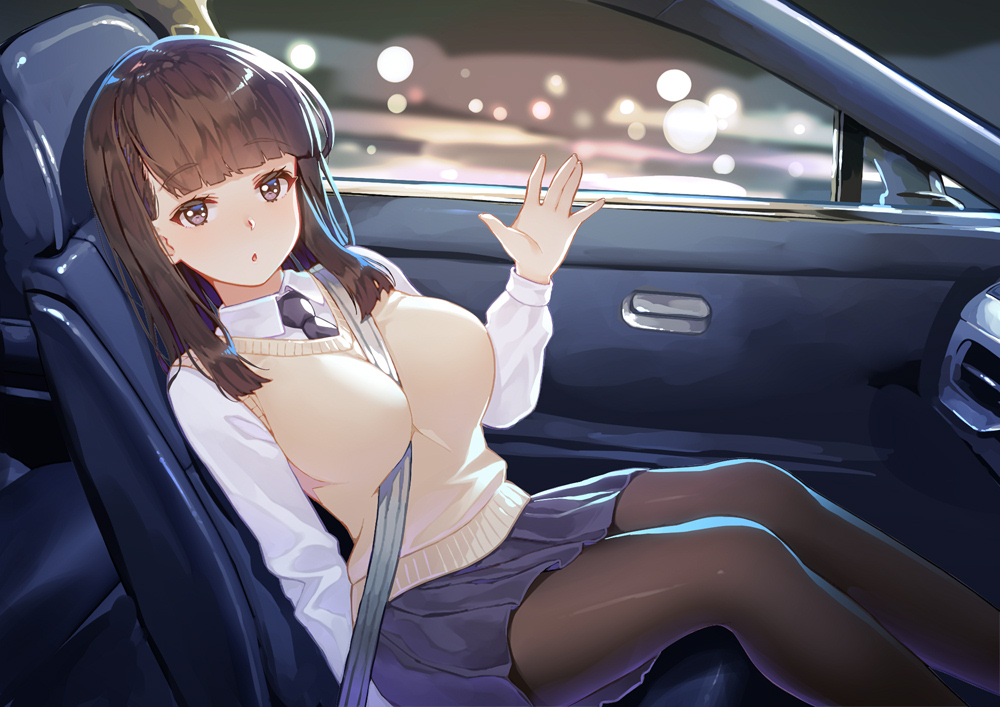 1girl :o between_breasts black_legwear blue_skirt blurry bokeh breasts brown_eyes brown_hair brown_vest chestnut_mouth collared_shirt commentary_request depth_of_field hand_up kibanda_gohan large_breasts long_hair long_sleeves looking_at_viewer miniskirt necktie original pantyhose parted_lips pleated_skirt school_uniform seatbelt shirt sitting skirt solo sweater_vest vehicle_interior vest white_shirt