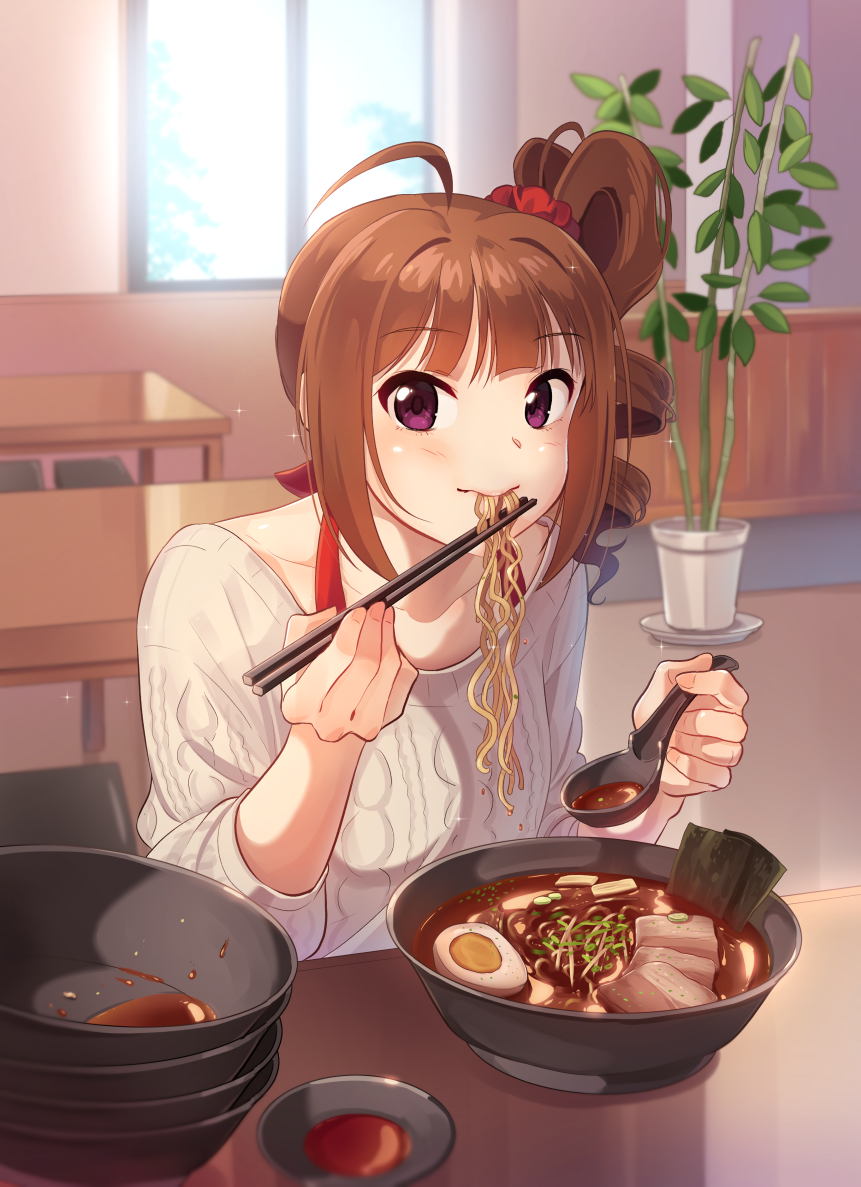 1girl ahoge bowl bra_strap brown_hair chair chopsticks closed_mouth collarbone day drill_hair eating eyebrows_visible_through_hair food holding holding_chopsticks holding_ladle idolmaster idolmaster_million_live! indoors kamille_(vcx68) ladle looking_at_viewer noodles ramen scrunchie short_hair side_drill sitting solo soup sweater table violet_eyes window yokoyama_nao