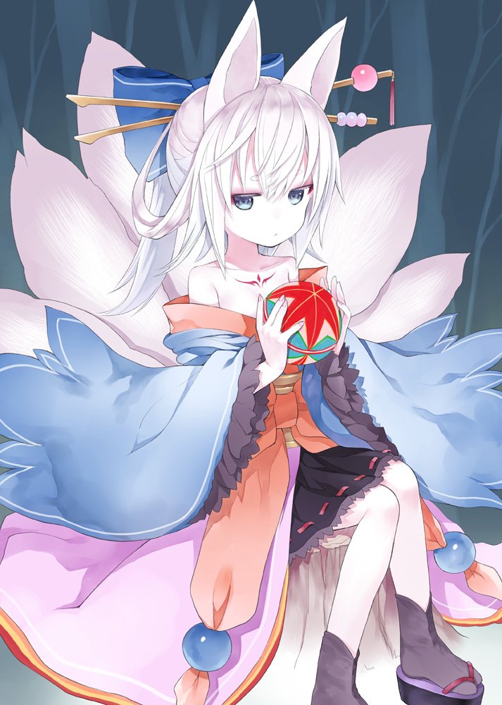 1girl :&lt; animal_ears bag ball bare_shoulders black_footwear black_legwear black_skirt blue_bow blue_kimono blush bow capriccio closed_mouth collarbone commentary_request fingernails fox_ears fox_girl fox_tail hair_bow holding holding_bag japanese_clothes kimono kitsune long_hair long_sleeves looking_at_viewer multiple_tails off_shoulder original platform_footwear ribbon-trimmed_skirt ribbon_trim sitting skirt socks solo table tail temari_ball white_hair wide_sleeves